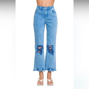 ZENANA Posey High Waist Destroyed Acid Wash Pants in Ocean Blue